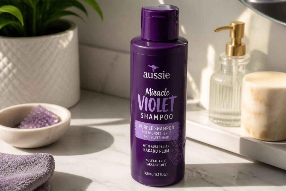 Fioletowa butelka szamponu Aussie Miracle Violet na łazienkowej umywalce marmurowej