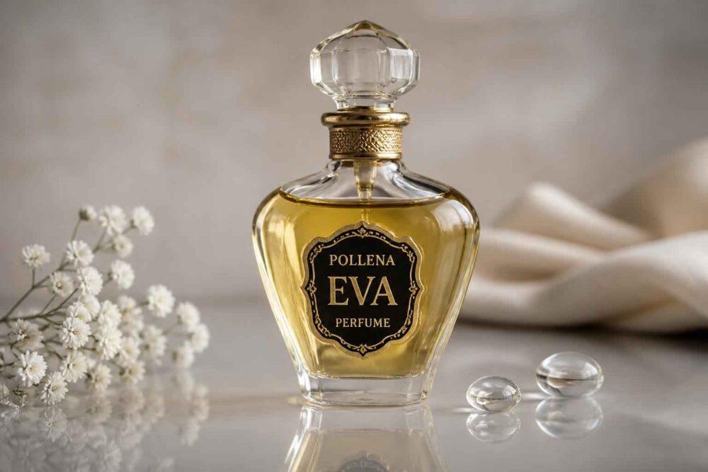 Ozdobny flakon perfum Eva z kwiatami i szklanymi kamieniami na tle tkaniny
