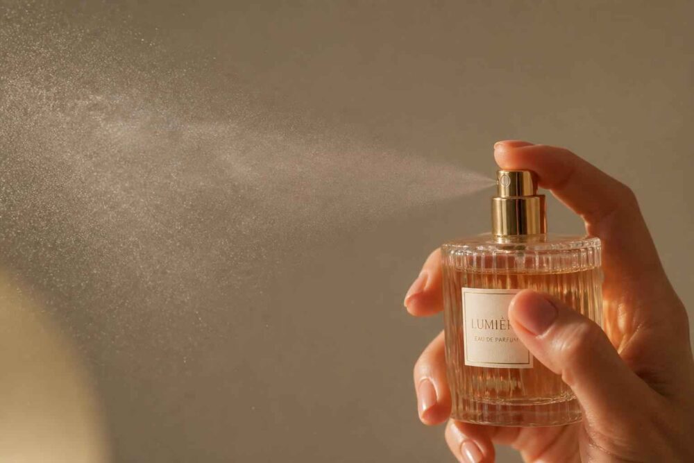 Dłoń trzyma przezroczysty flakon perfum, z którego unosi się delikatna mgiełka na tle ciepłego światła