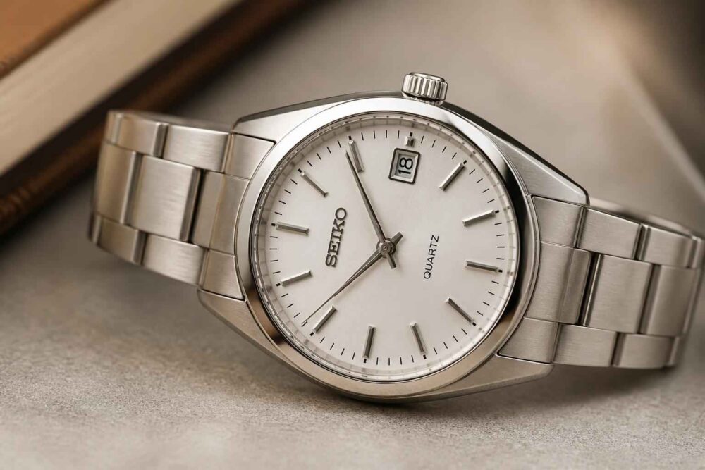 Srebrny zegarek Seiko z białą tarczą, indeksami i datownikiem na stalowej bransolecie