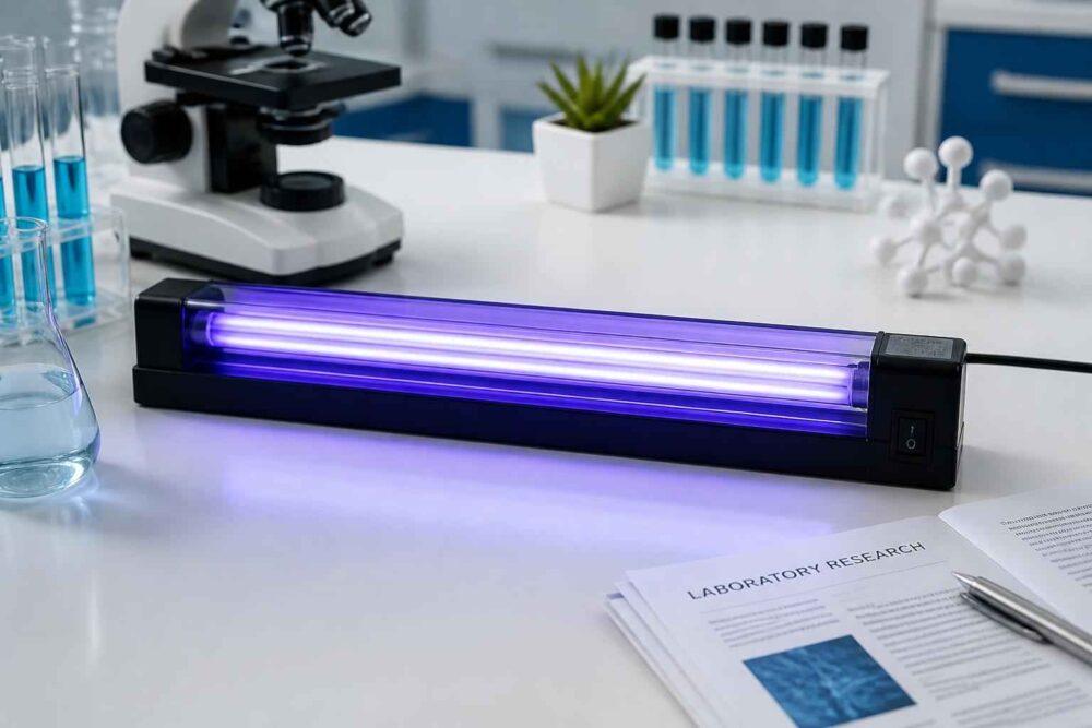 Lampa UV na stole laboratoryjnym obok mikroskopu, probówek i dokumentacji badawczej