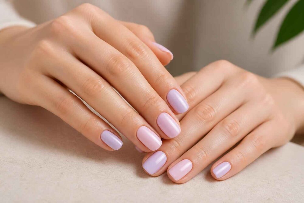 Zadbane dłonie z jasnoróżowym i liliowym manicure hybrydowym