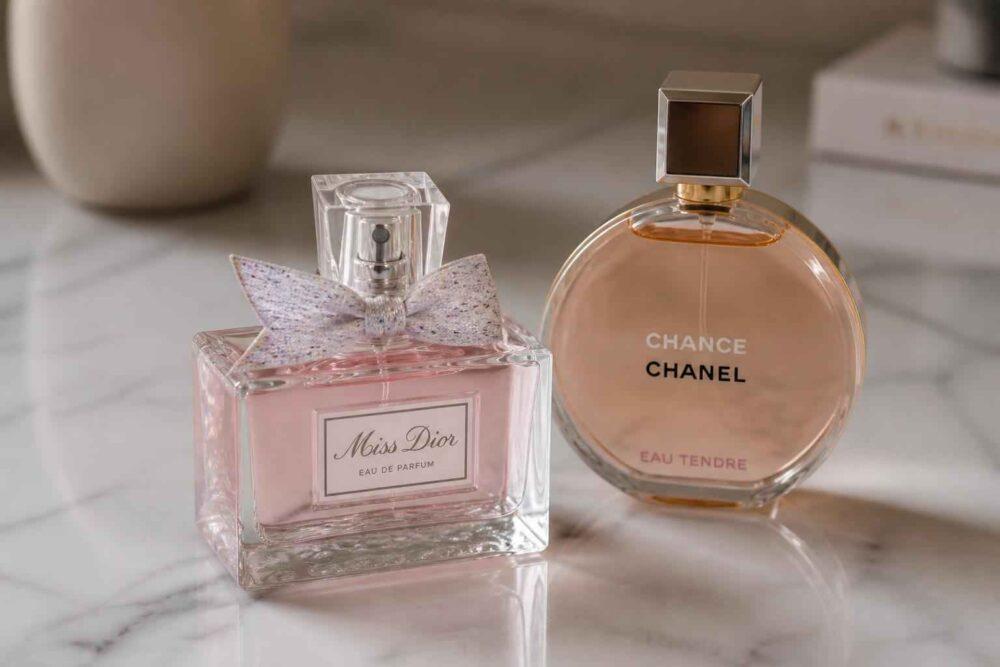 Flakony perfum Miss Dior i Chanel Chance stojące obok siebie na jasnym marmurowym blacie
