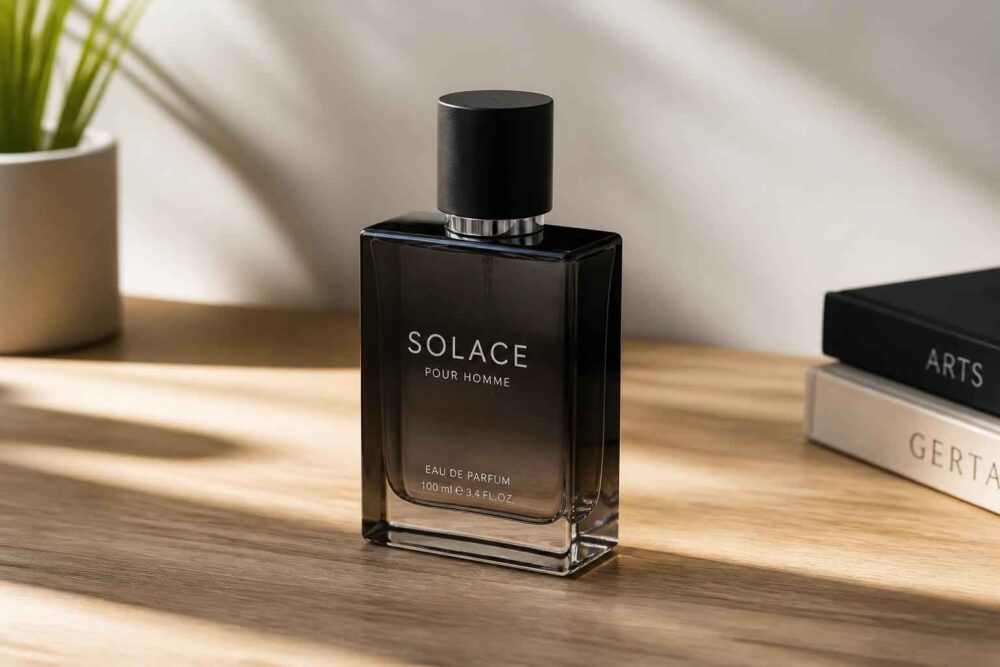 Perfumy Solace na drewnianej półce Flakon perfum Solace stoi na drewnianej półce obok rośliny i stosu książek