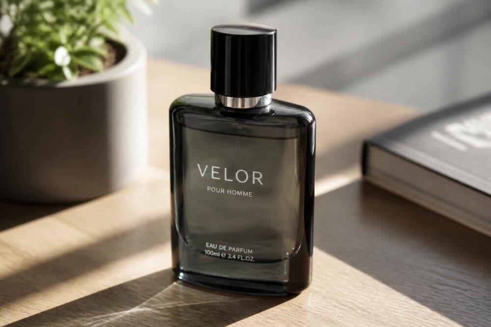 Flakon perfum Velor Pour Homme stojący na drewnianym stole obok rośliny i książki