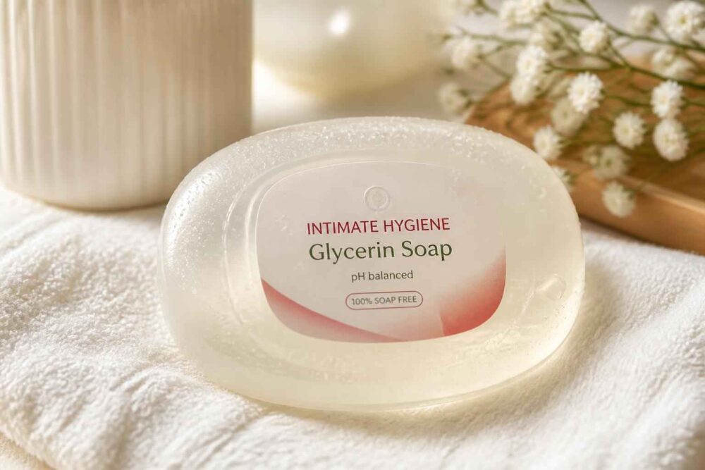 Przezroczyste mydło glicerynowe Intimate Hygiene na białym ręczniku obok kwiatów