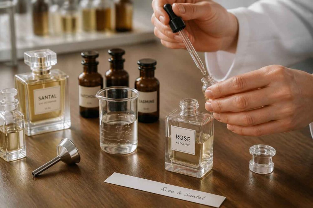 Dłonie pipetą dozują składnik do flakonu Rose obok próbek zapachów i akcesoriów perfumeryjnych