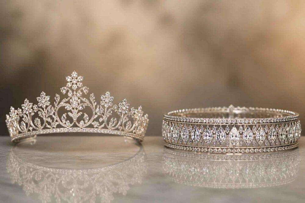 Srebrna tiara z kryształkami i szeroka bransoleta na lustrzanej powierzchni