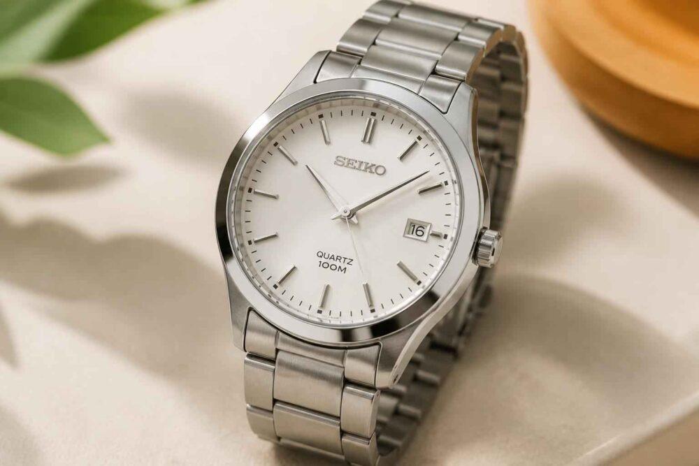 Srebrny zegarek Seiko z białą tarczą, metalową bransoletą i datownikiem na godzinie trzeciej