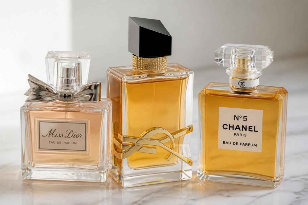 Flakony Miss Dior, Yves Saint Laurent i Chanel ustawione obok siebie na marmurowej powierzchni